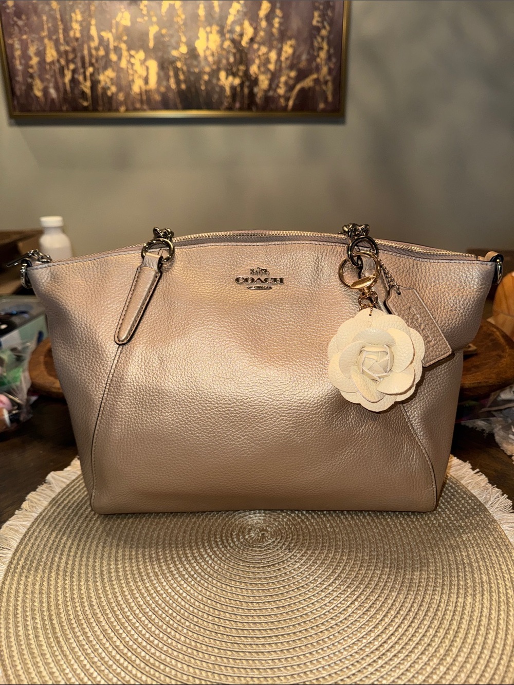 Coach metallic champagne Pebbled LeatherShoulder Bag & Cream Flower Charm - Picture 1 of 8